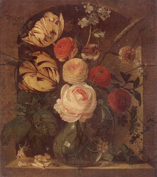 Still life of various flowers in a glass vase,set in a niche, unknow artist